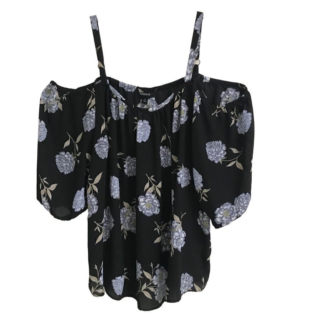 Torrid Black Cold-Shoulder Blouse with Light Blue Florals